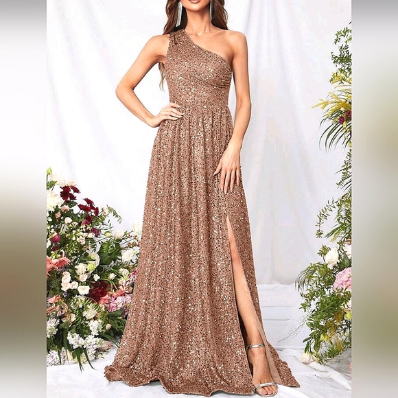 New Luxe Sequin Draped One Shoulder Split Leg Maxi Dress Gown Champagne Gold - Picture 2 of 9